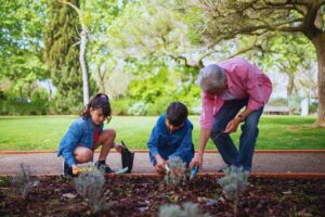 Uomo anziano che insegna il giardinaggio a due bambini