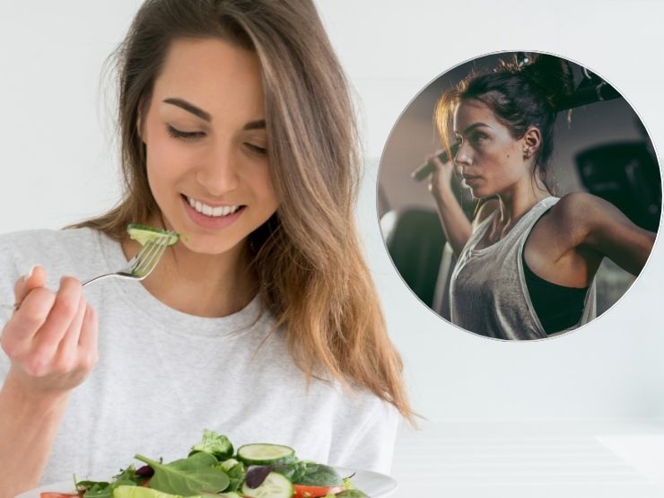 donna che mangia un insalata, nel cerchietto donna che si allena