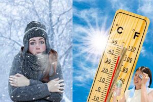 Donna al freddo nella neve in inverno e donna accaldata per il caldo torrido estivo