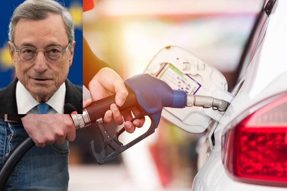 Immagine di un benzinaio che fa benzina e Mario Draghi