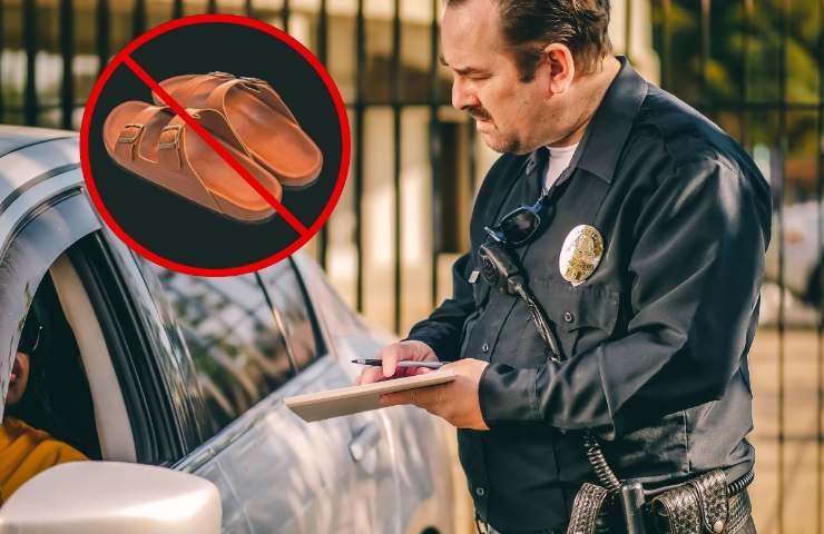 Poliziotto multa un giovane alla guida più logo divieto sandali