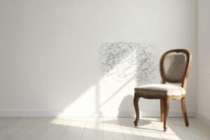 Muro bianco con diverse macchie e graffi causati da una sedia