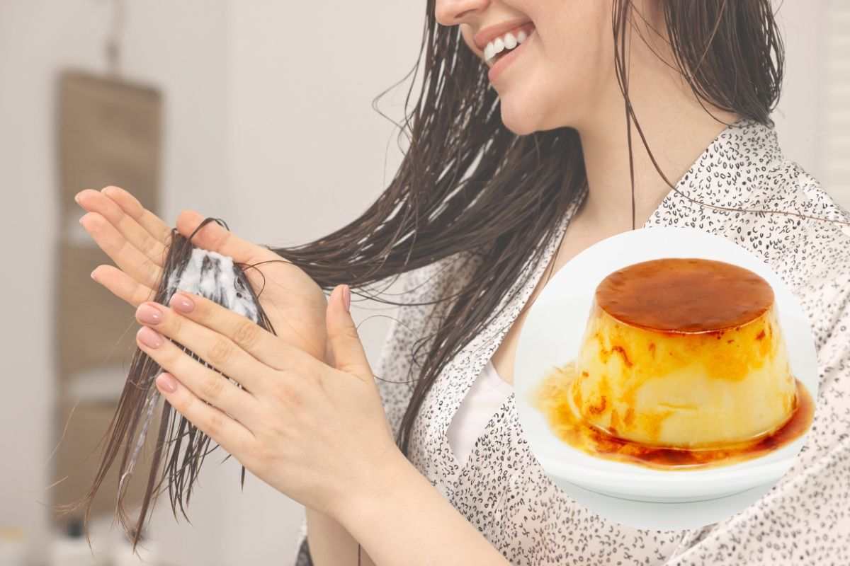ragazza si fa la maschera ai capelli e un budino