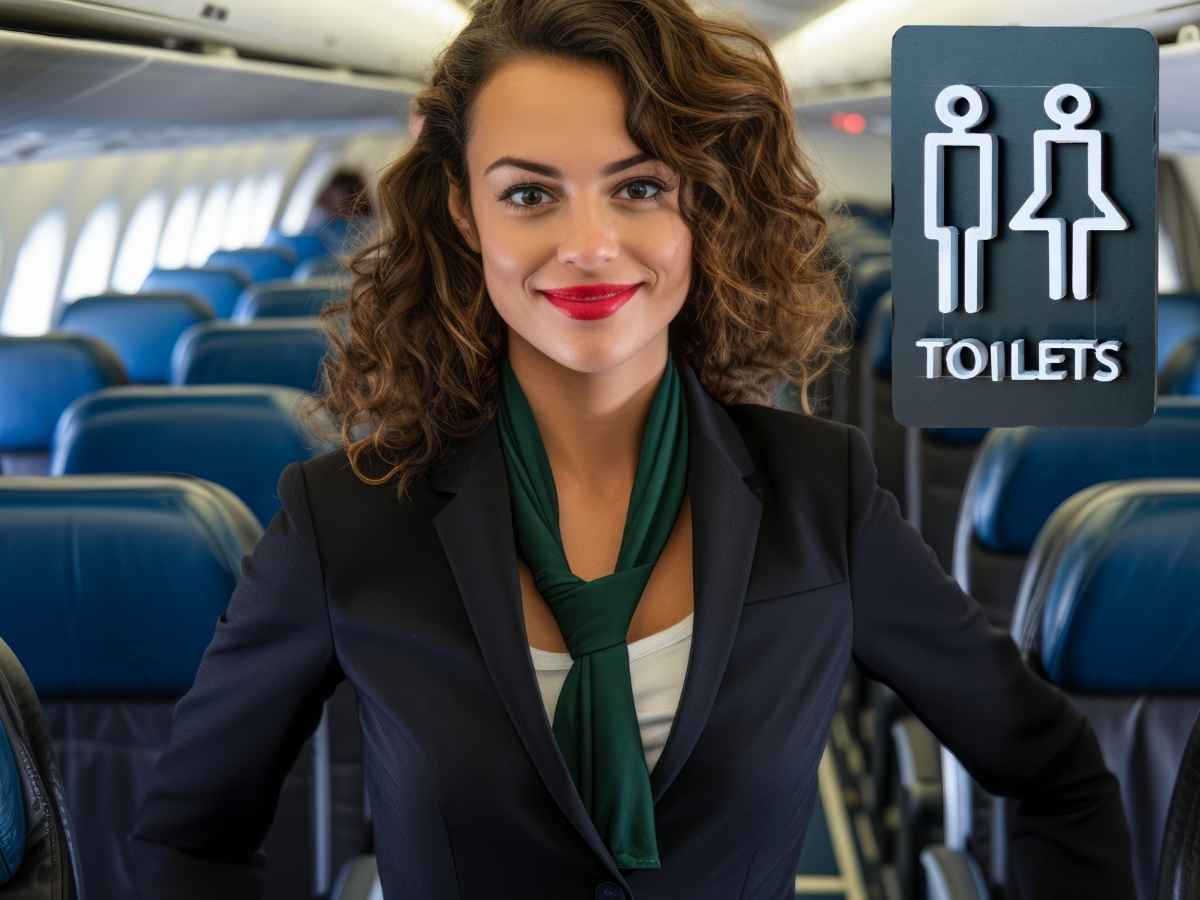 hostess in aereo che sorride e simbolo bagni