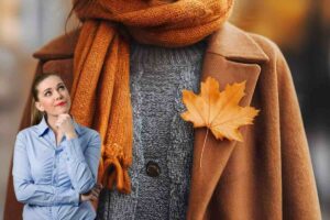 Sciarpa, cappello, maglione, foglia, donna pensierosa