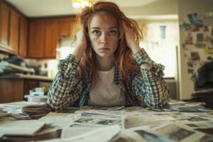 Donna mani nei capelli, scrivania disordinata