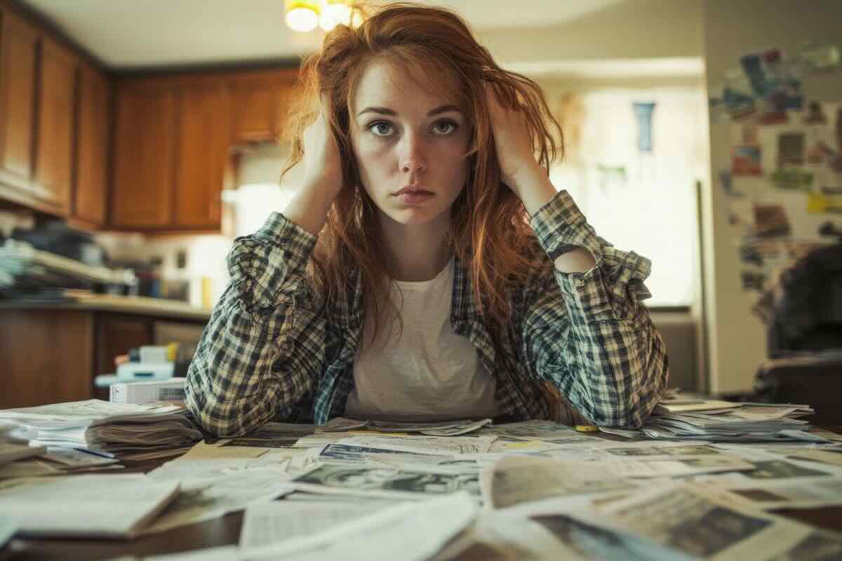 Donna mani nei capelli, scrivania disordinata