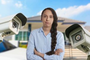 Donna braccia conserte, dietro di lei telecamere di sicurezza