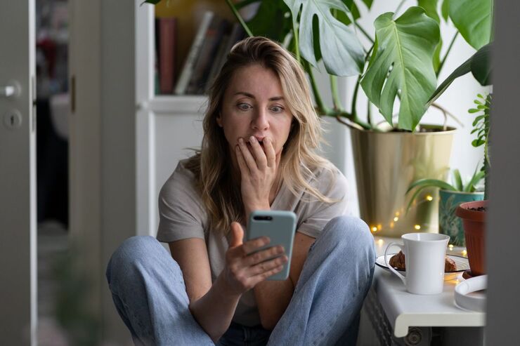Ragazza legge su smartphone un po' scioccata