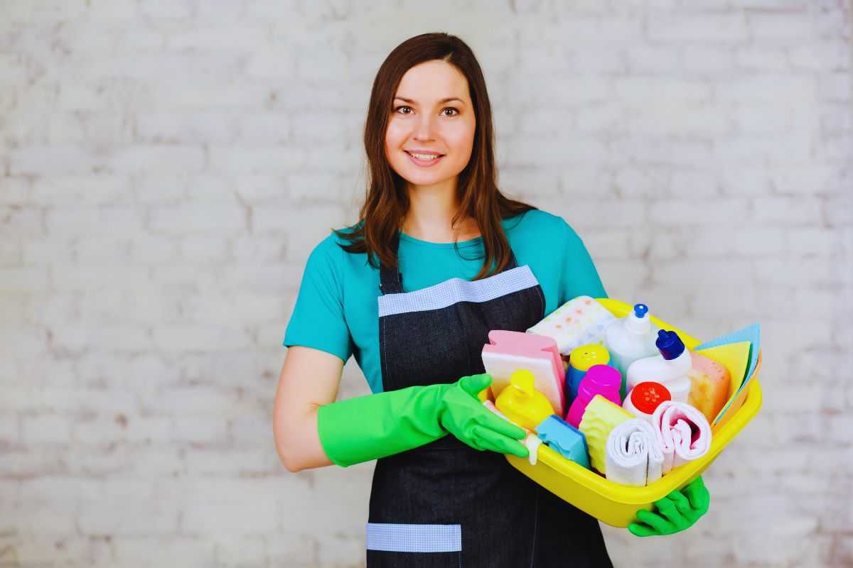 donna con oggetti per la pulizia