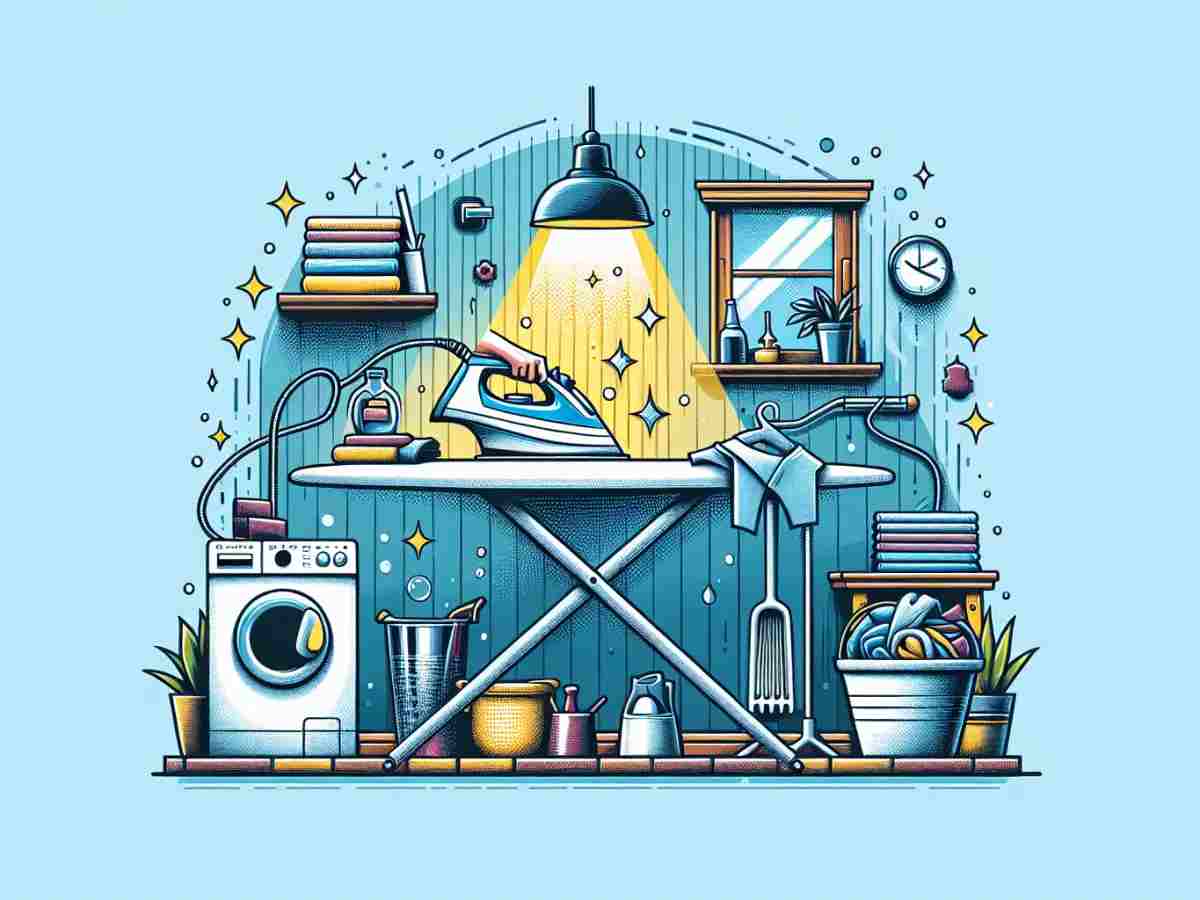 cucina con lavatrice e tavolo da stiro